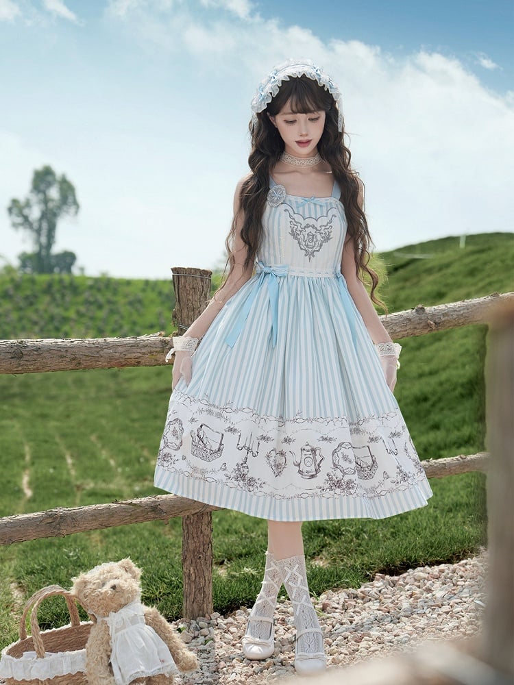 Antique Porcelain Print and Embroidery Classic Lolita JSK Dress with Blue and Gray Striped Pattern - Birds Diary