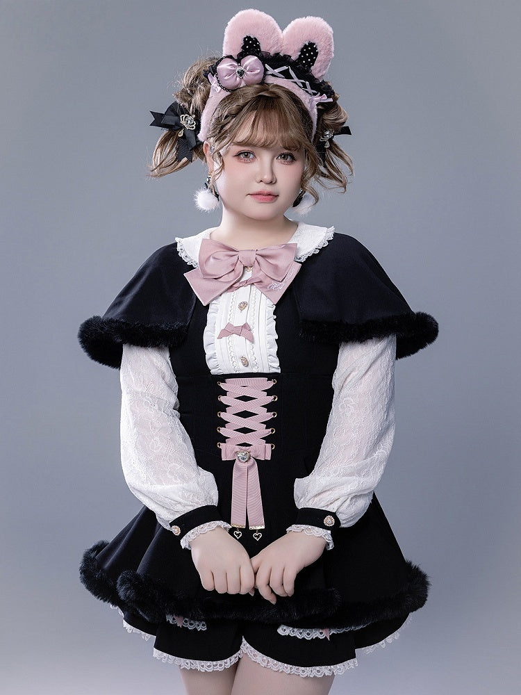 Full Shorts Black Pink Bunny Matching Cape Set Kei Brooch Dress Ear Jirai Bow + Lace Plush