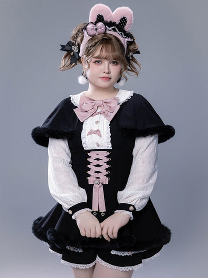 Full Shorts Black Pink Bunny Matching Cape Set Kei Brooch Dress Ear Jirai Bow + Lace Plush