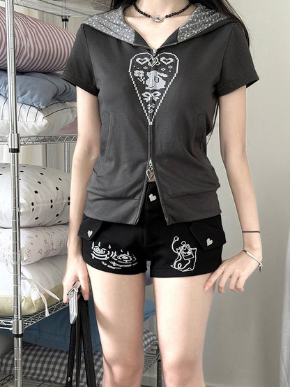 Dark Gray Bunny Ear Hoodie with Pixel Print - Kyouko Baby