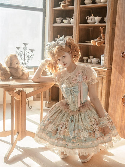 ティーパーティーコルセットプリントボディスジャンパーキティドレススイートスカートグリーンミントロリータ