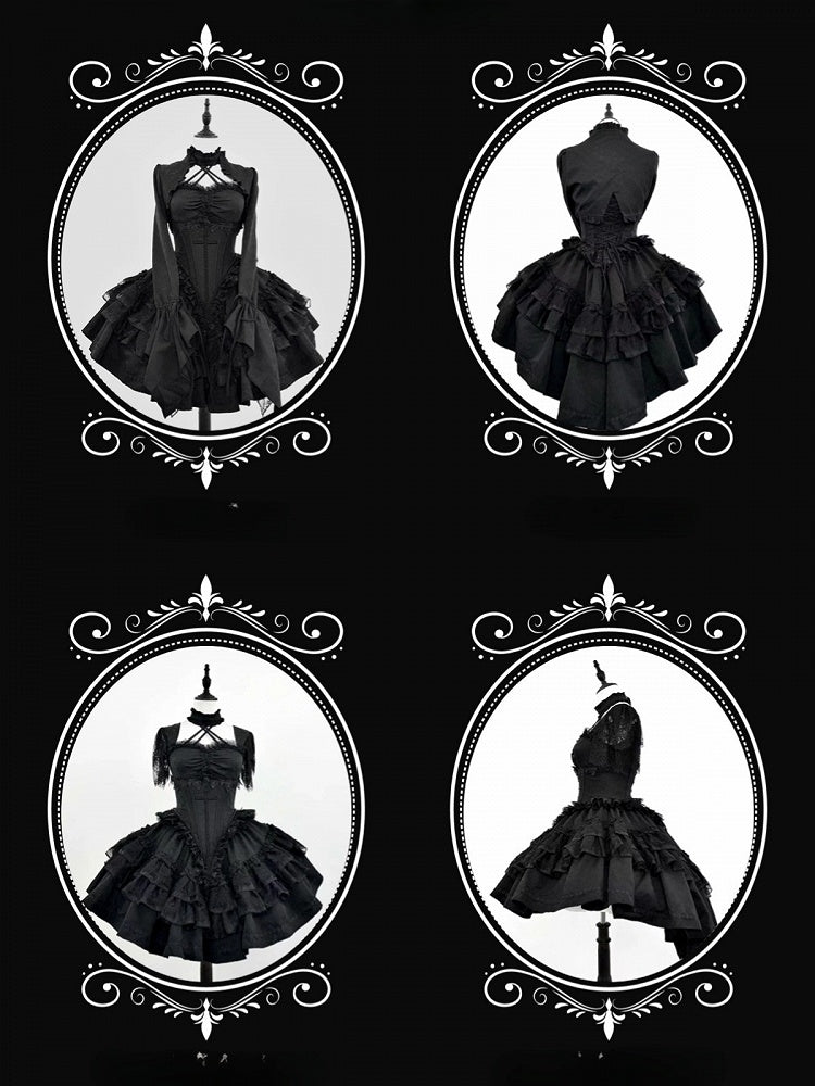 + Black Gothic Boning Set Lace Waist Top Bolero Neck Lolita Skirt Full Halter Corset All Sleeves - Cropped