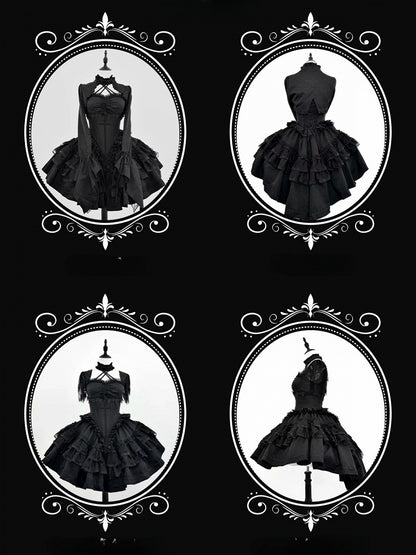 + Black Gothic Boning Set Lace Waist Top Bolero Neck Lolita Skirt Full Halter Corset All Sleeves - Cropped