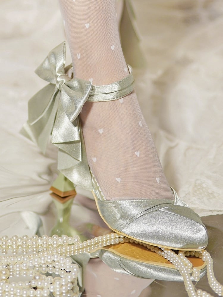 Toe Elegant Satin Heart Buckle Green High-heel with Delicate Bow in Shoes Pointed Light