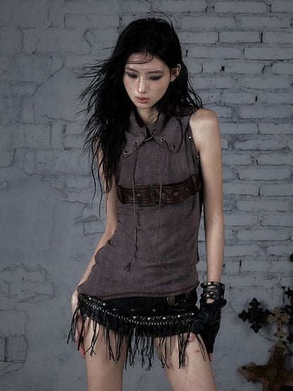 Knit Studded Grey Lace-ups Belt Top Brown Tank Light Punk Buckle with Crisscross