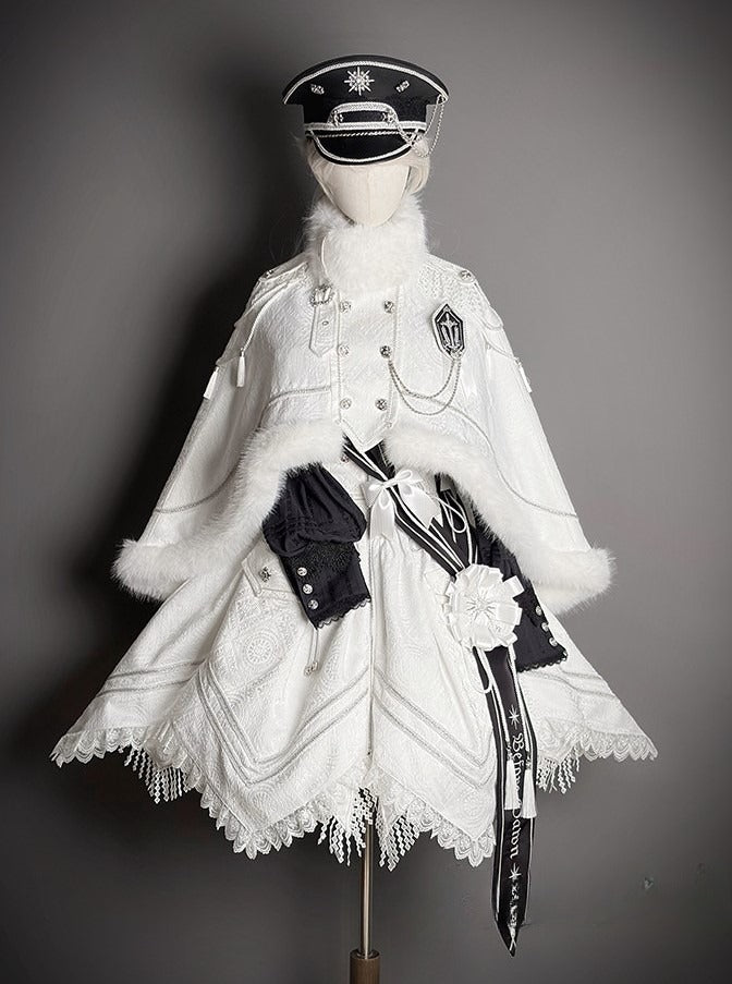Fur-Trimmed White Decoration and Cape with Buckle Faux Breasted Lolita Military Double Tassel
