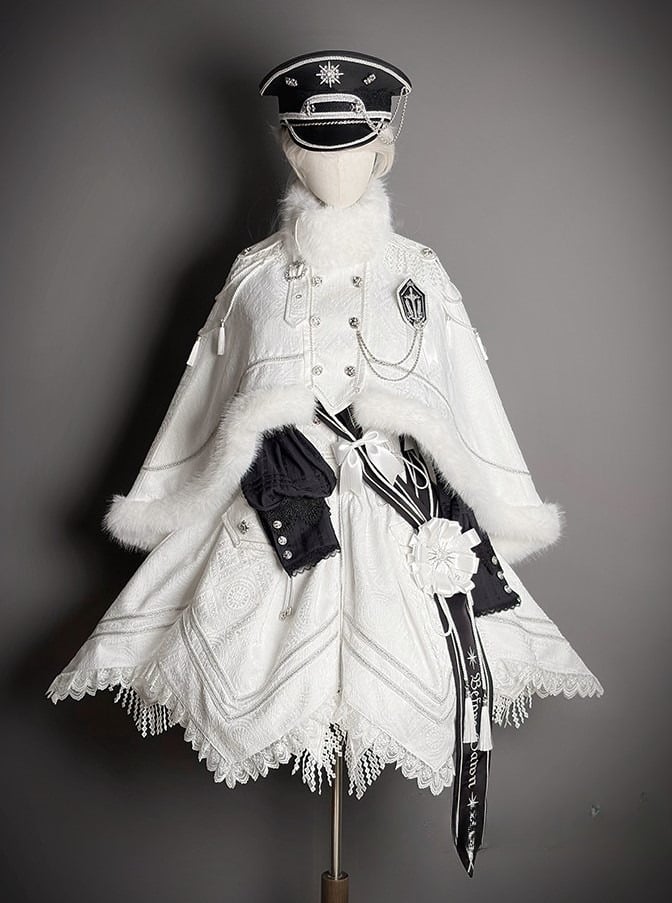 Hem Details with Dress Handkerchief White Zipper Military Jacquard Corset Lolita