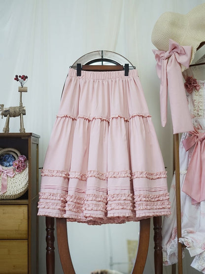 ピンクのゴムウエストのティー丈ロリータアンダースカート