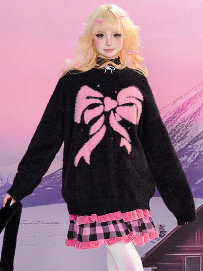 Black Sweet Bowknot Pattern Mohair Loose Sweater