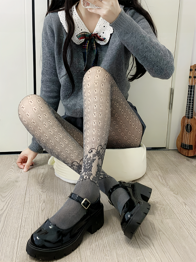 ブラック Y2K 花柄 くり抜きタイツ