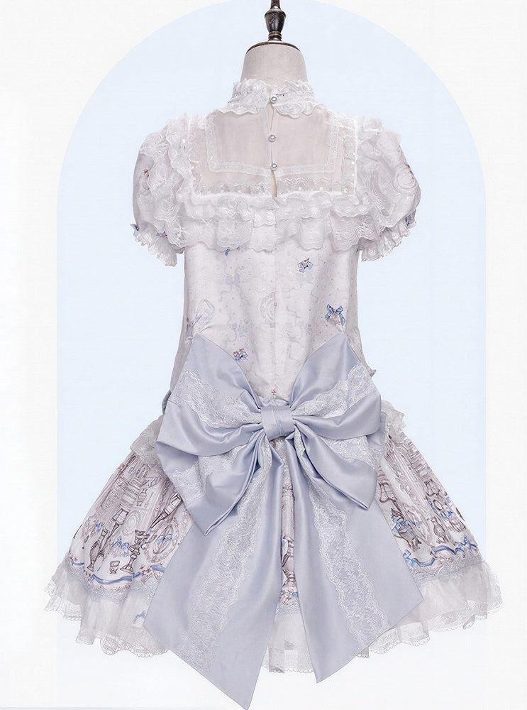 White & Blue Low Waist Antique Print Lolita Dress with Bows - Meng Fu Zi