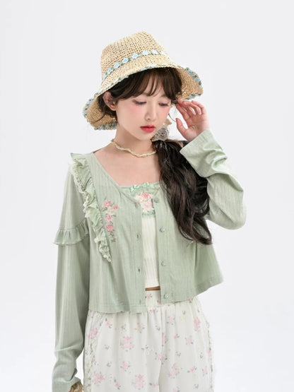 Cami Top mit Blumenverzierung, Stickerei und Schleifen, Weiß, kurz