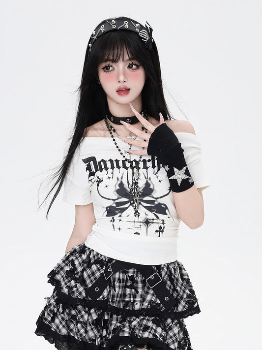 White/Gray Off-the-Shoulder Butterfly Print Glamorous T-Shirt
