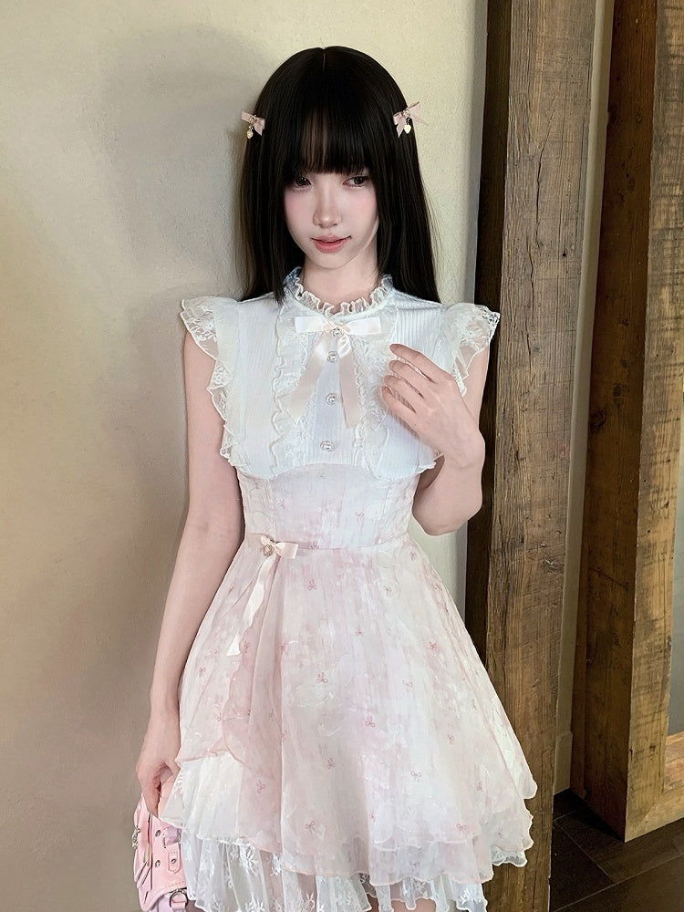 Pink & White Floral Seiso-kei Sleeveless Dress with Bow and Lace - LA LA JK