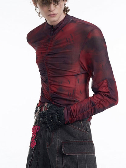 Red Top Ruffle Men Detail Neck for - Mock Closure Long Zip with Sleeve Black