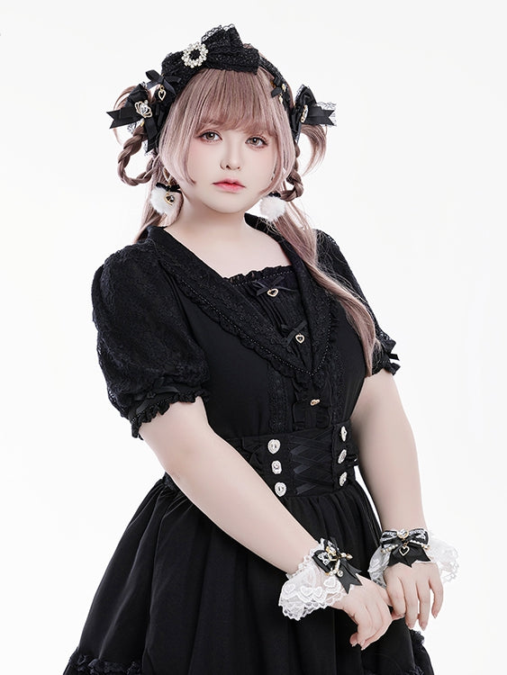 Jirai Kei Sailor Collar Black Rhinestone Short Sleeves Blouse Sweetheart Bowknot and Decorations