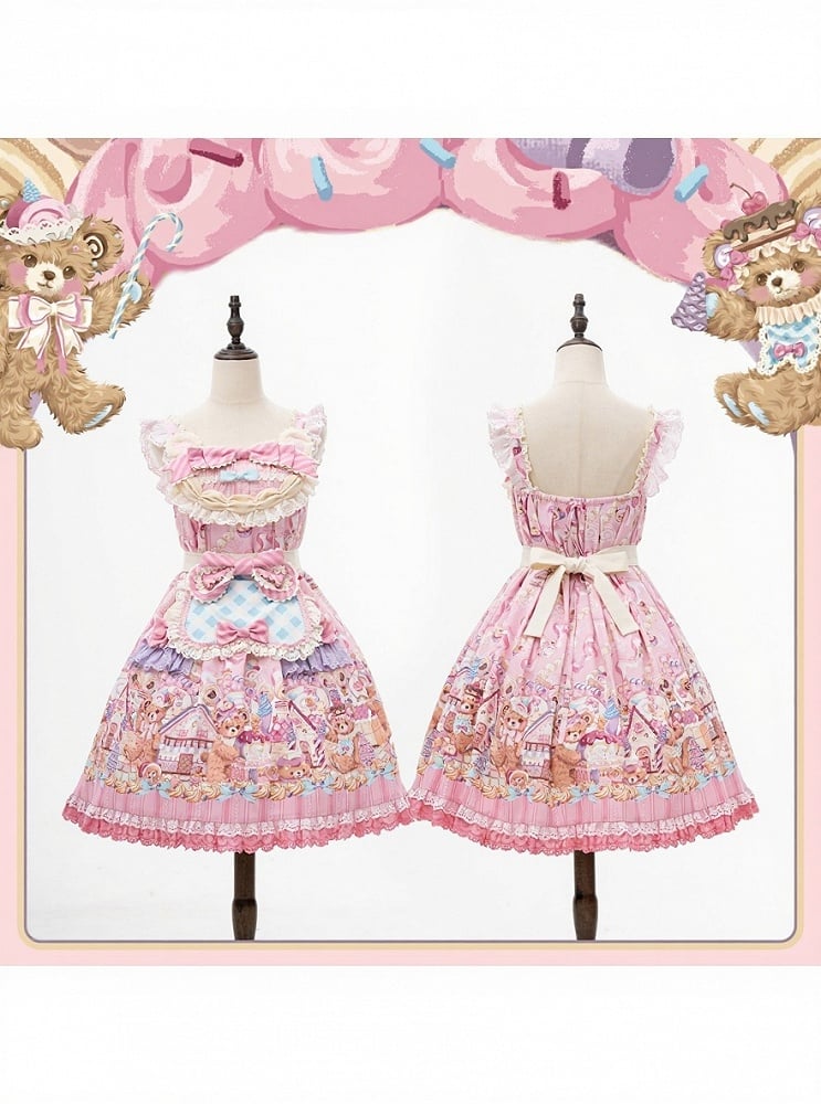 Kawaii Puff Sleeves Lolita JSK Dress with Bear Cake Theme Floral Print - Mewroco