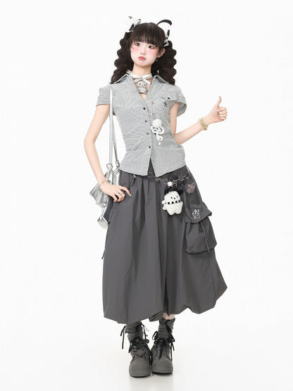 Kawaii Breathable Striped Short Sleeve Blouse in White & Gray with Embroidery - Languid Park