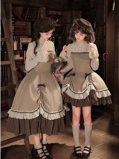 Brown Striped Faux-Layered Lolita Dress Set with Drawstring, Cape, Jabot & Mini Hat - With PUJI