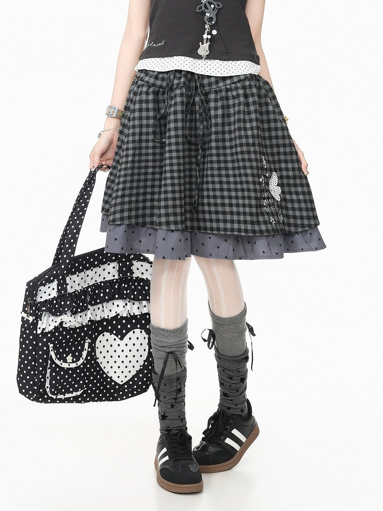 Black Gingham Polka Dot Layered Skirt with Embroidery - Languid Park