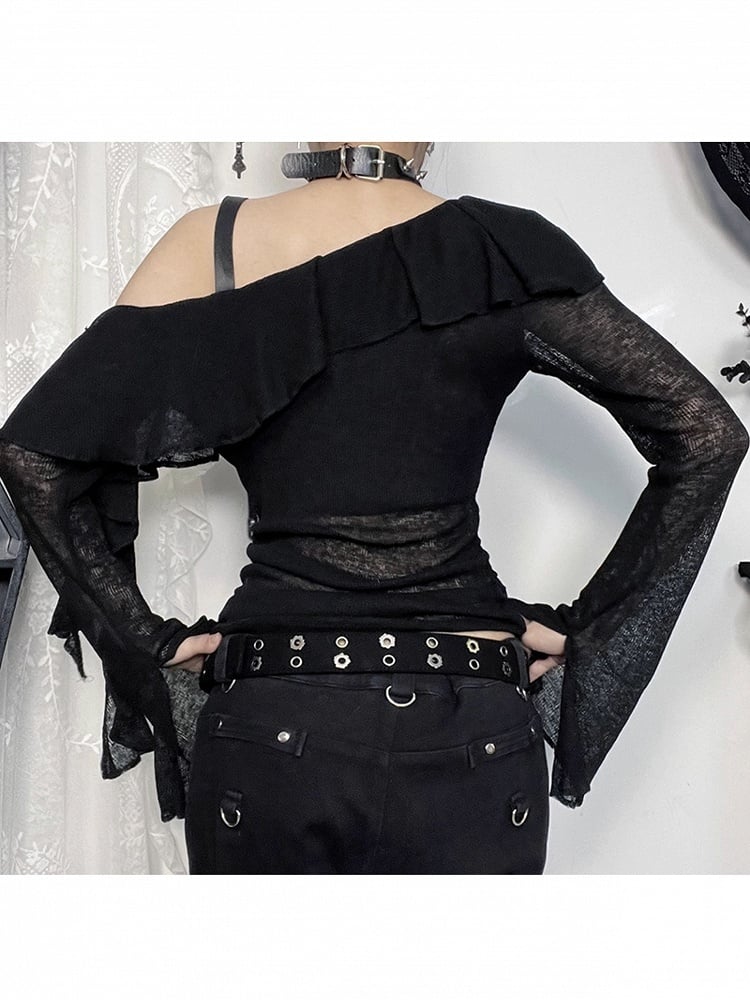 Strap Trim Print with Gothic Cross PU Top Neck Ruffle Halloween Asymmetrical Black