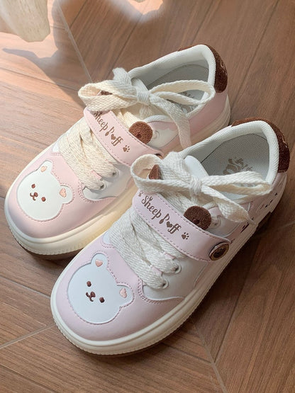 Lace-up Lolita Design with in Print Pink Paw Closure Platform Velcro Sweet Removable Sneakers