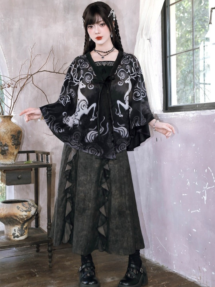 Chinese Gothic Black Chiffon Cardigan with Deer Print - Quirky Hut