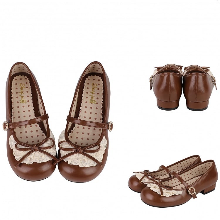 Knotted Accent Toe Round Janes Mary Chocolate Lace Heels Brown Bow Trim 2.2CM/4.3CM