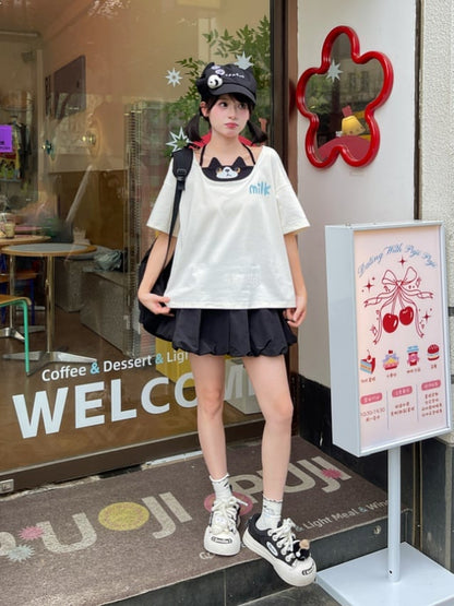 ブラック 伸縮性ウエスト キティ バブルスカート プリント