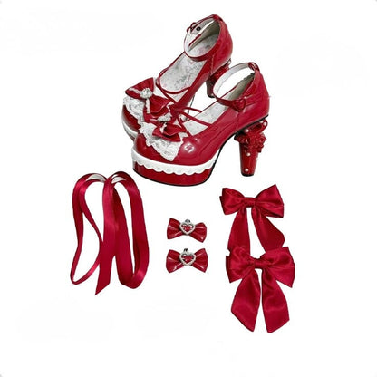 Shoes Heart Decor - High-heel PU Leather Details Bowknot Green