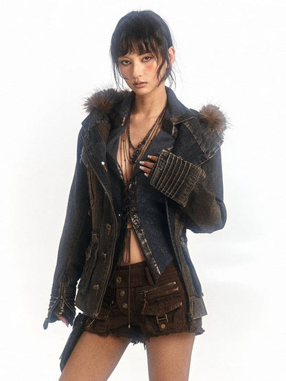 Trim Hooded Denim Grey Version Hood Detachable Brown Fur Jacket - Regular/Padded