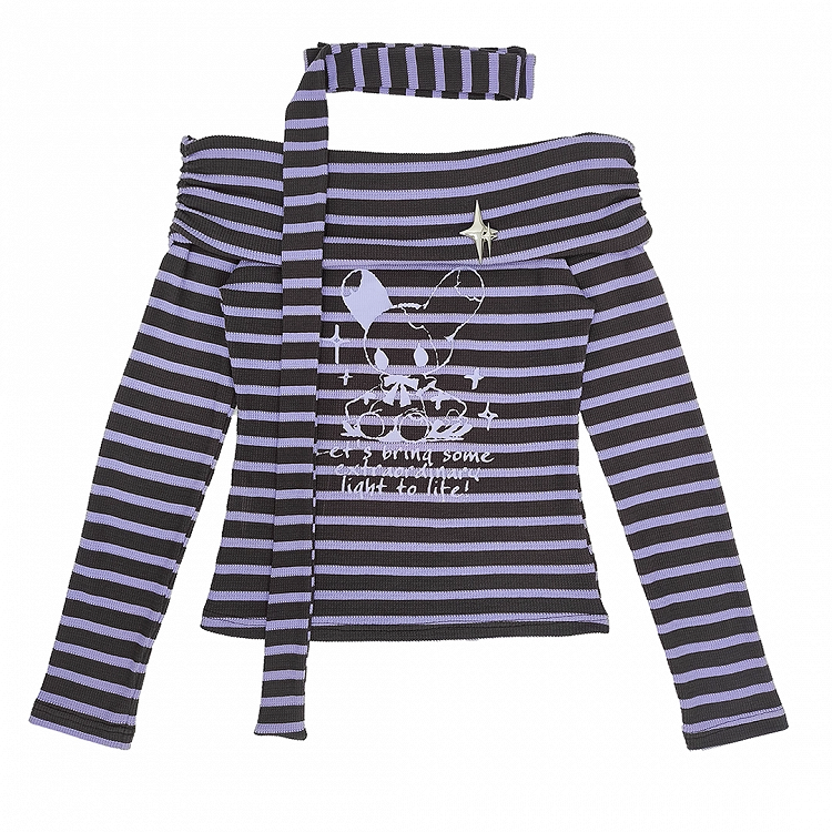 Neckline Striped Top Off-the-shoulder with Free Gray and Y2K Purple Scarf