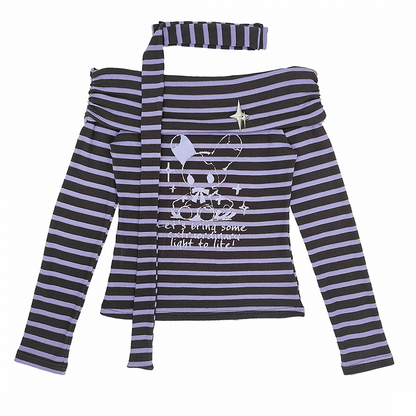Neckline Striped Top Off-the-shoulder with Free Gray and Y2K Purple Scarf