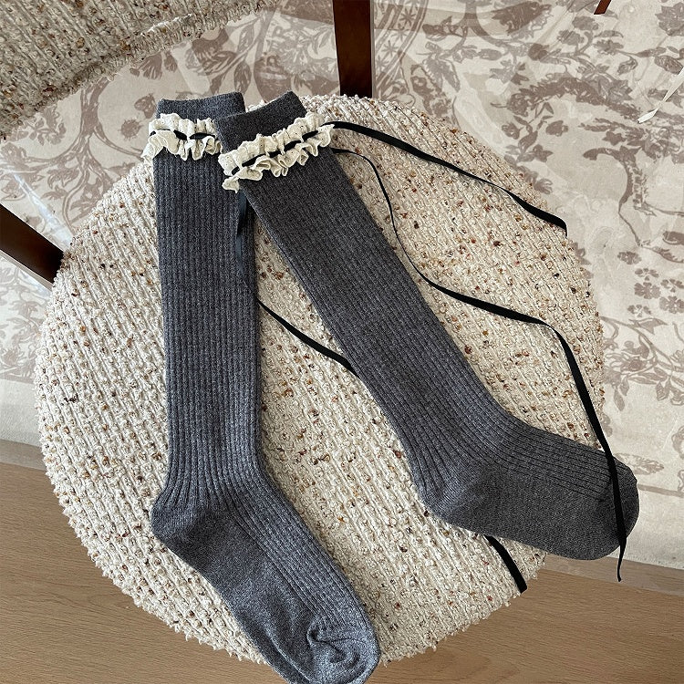 with Warm Colors Bowknot Socks Trim and Straps Calf Lace 5