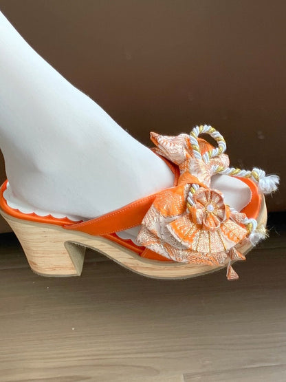 Orange Wa Lolita Clogs with Big Bow and Floral Accents - Aimee