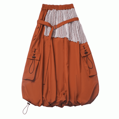 オレンジの伸縮性ウエスト、ドローストリングヘム、カーゴポケット、ロングバブルスカート