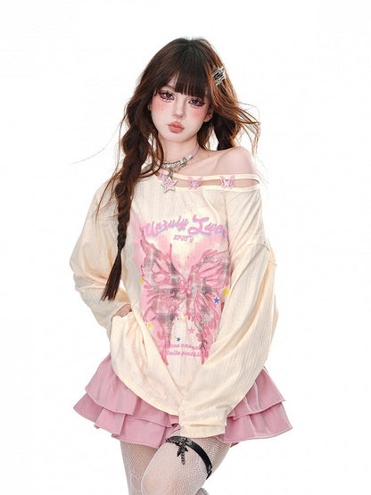 Pink/Apricot Asymmetrical Neckline Butterfly Loose Graphic Top