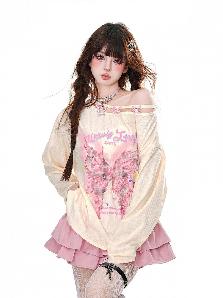 Graphic Pink/Apricot Asymmetrical Neckline Butterfly Embroidered Loose Top