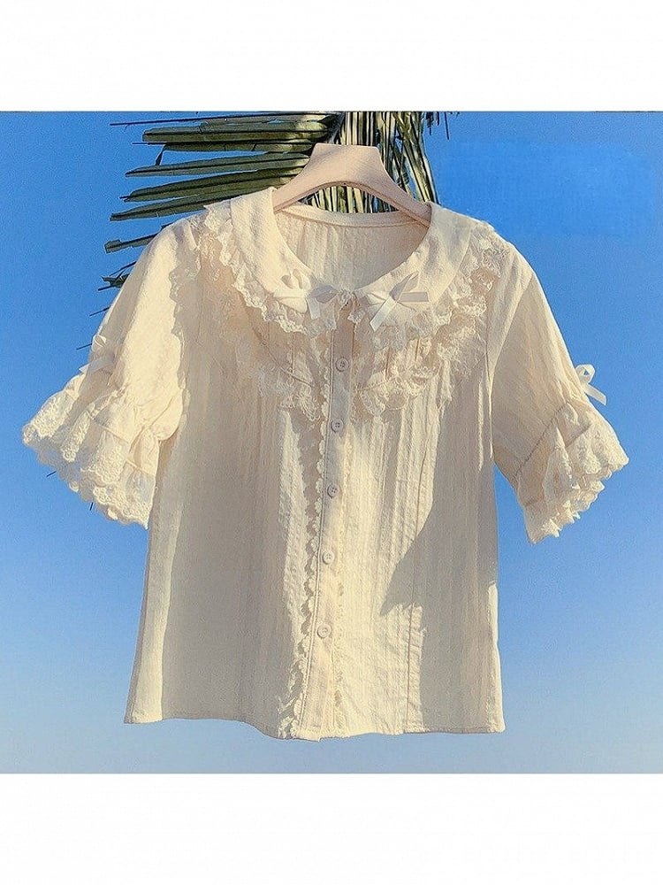 Yellow Bow-Trim Peter Pan Collar Blouse - Lan Jian Chuan