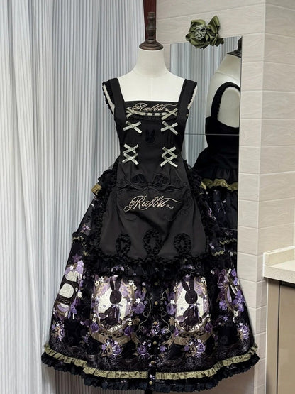 Lolita Set + Embroidery Floral Top Skirt Hairband Print Full Apron Jacquard Bow