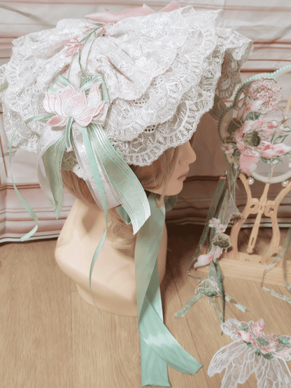 Lolita Embroidery Lotus Lace Hat Pink-Green Flat