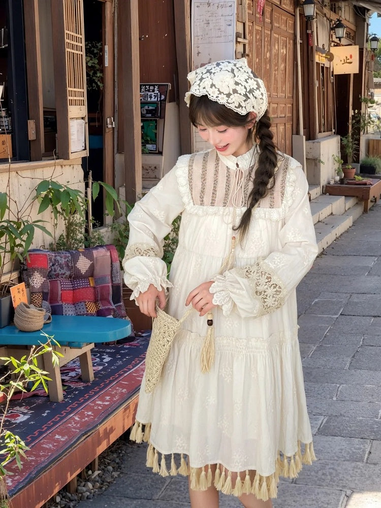 Beige Tassel Hem Dress Long/Regular Version