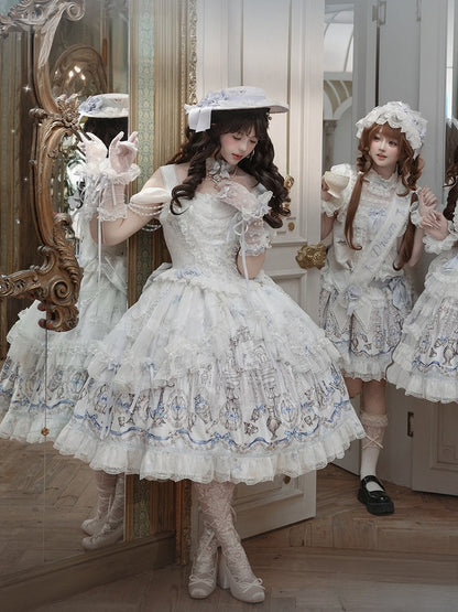White & Blue Antique Print Elegant Lolita JSK Dress - Meng Fu Zi