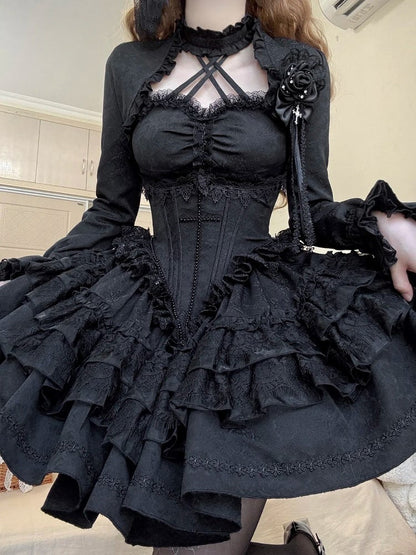 + Black Gothic Boning Set Lace Waist Top Bolero Neck Lolita Skirt Full Halter Corset All Sleeves - Cropped