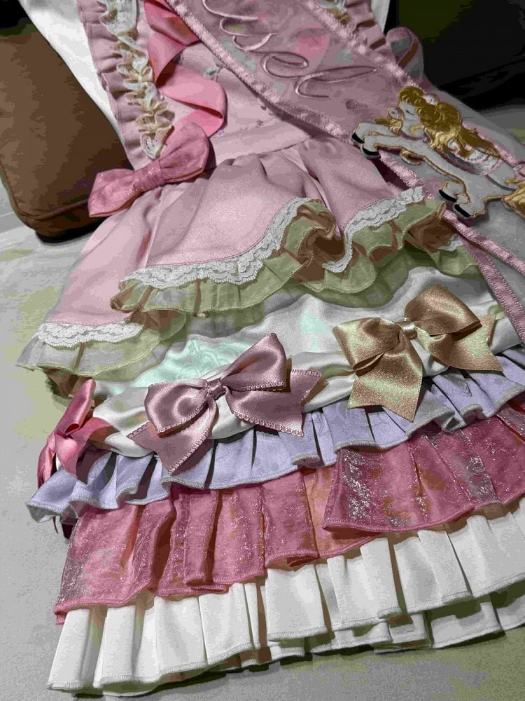Kawaii Pink 3D Horse Embroidery Short Sleeve Blouse with Bow Layered Ruffle Skirt Set - Sweet Dream Box