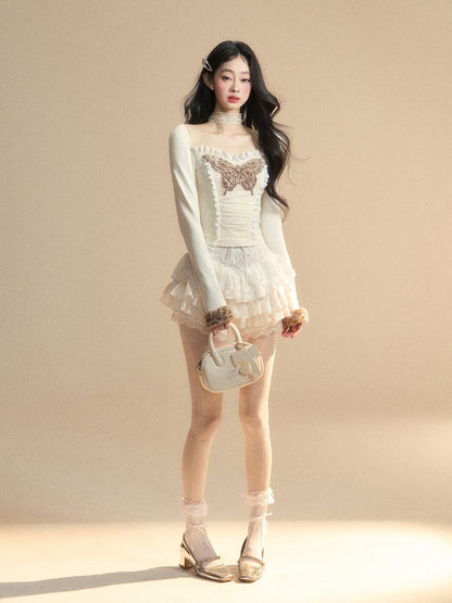 Aprikosenspitze Schmetterling bestickt Plüsch Manschette glamouröse Top gestrickte Trim