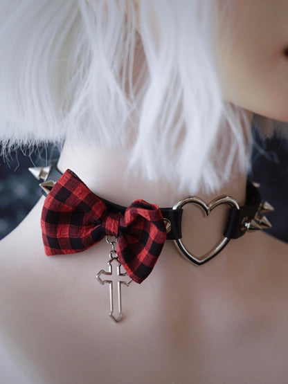 And Cross Black With Plaid Heart Pattern Pendant Red Buckle Bowknot Choker