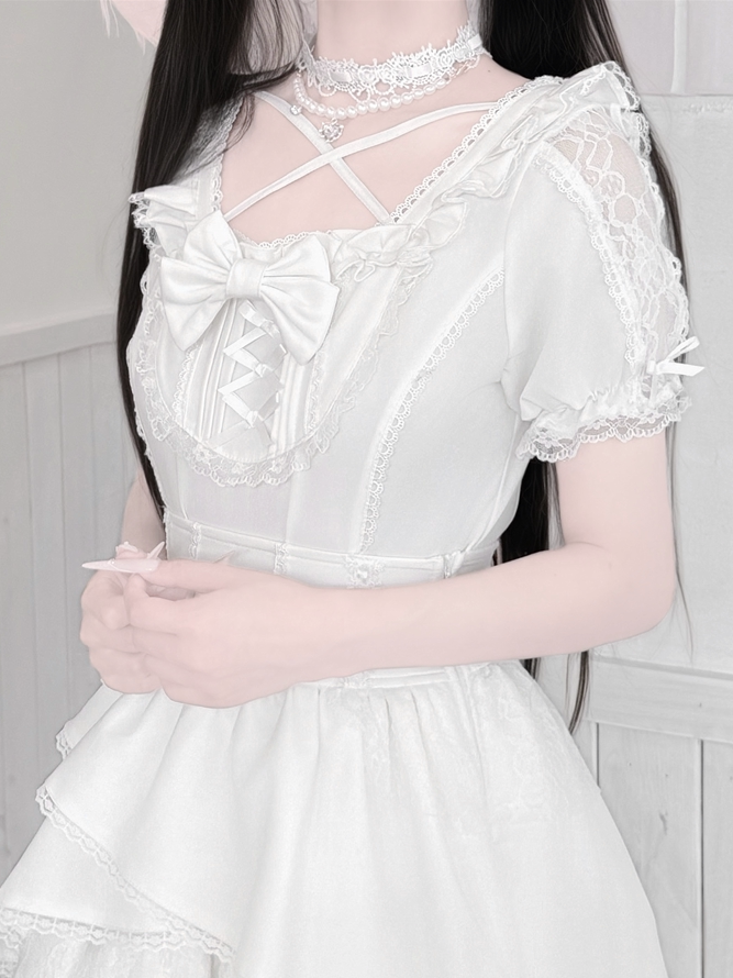 Ryousangata White Lace Bow Blouse - Jiuniang Cherry