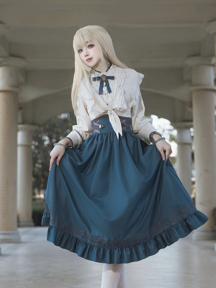 Ruffled Blue High-Waisted Lolita Skirt with Flounce Trim - Xiong Dou Jiang