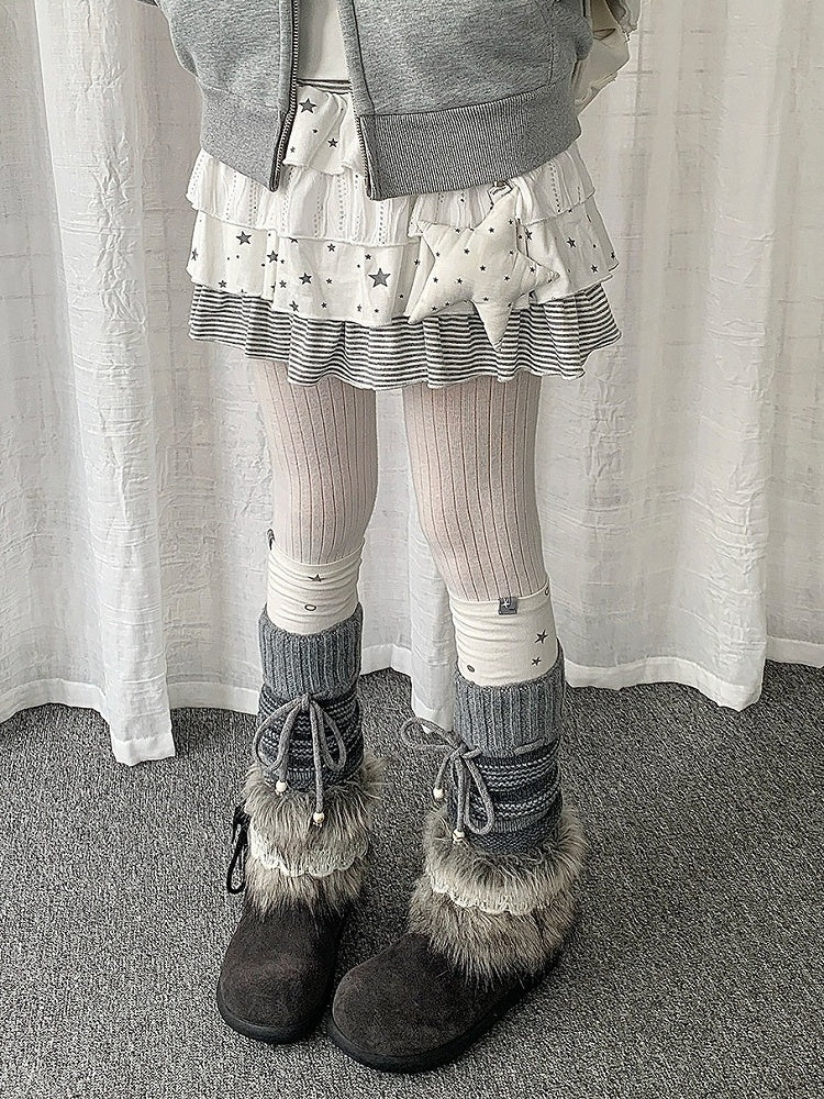 Beige Layered Ruffle Skirt with Star and Stripe Pattern - Solkatt